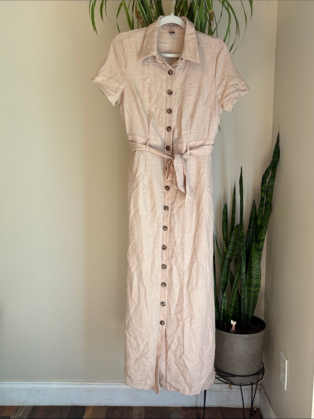 SHEIN Light Beige Button-Front Maxi Shirt Dress with Tie Waist